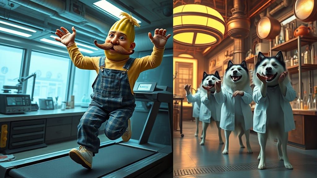 Fantastical Steampunk Lab Scene with Canine Scientists and H...