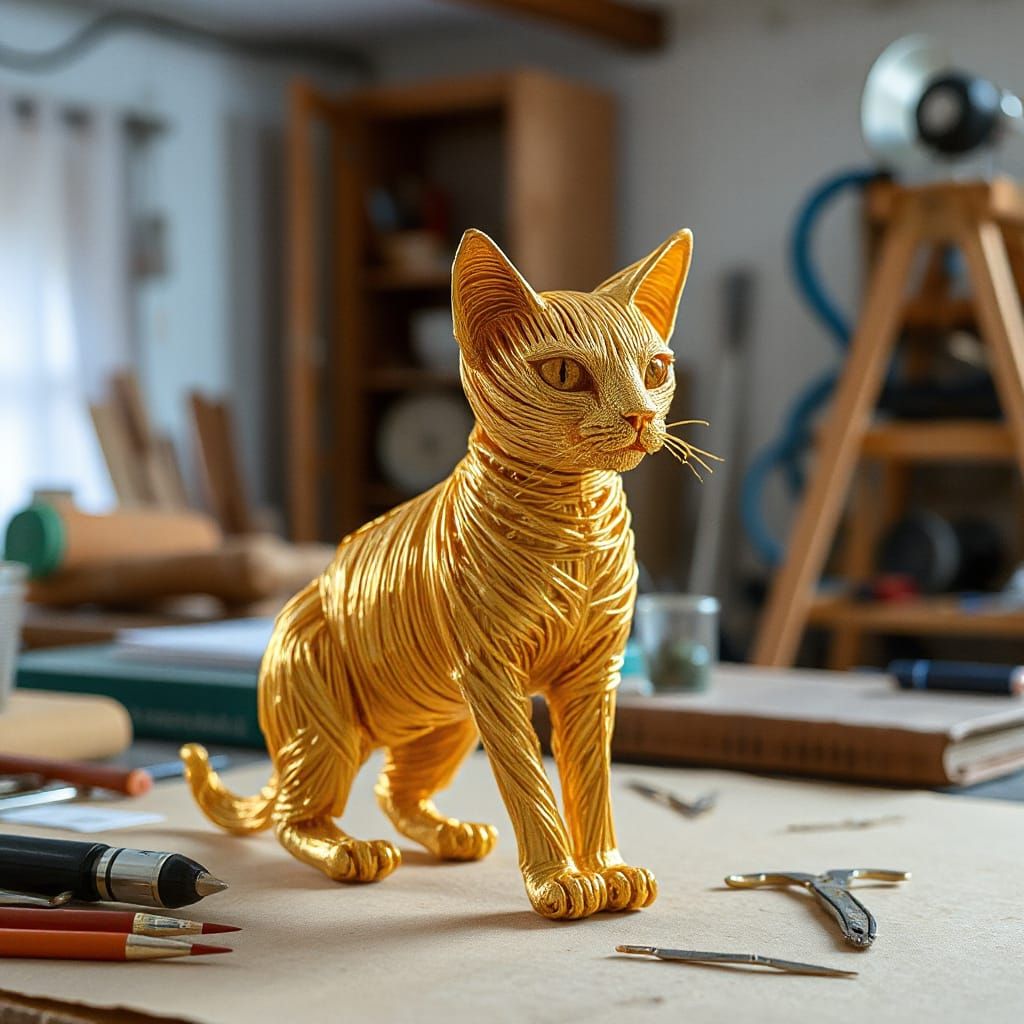 Golden Wire Cat Sculpture in Origami Style