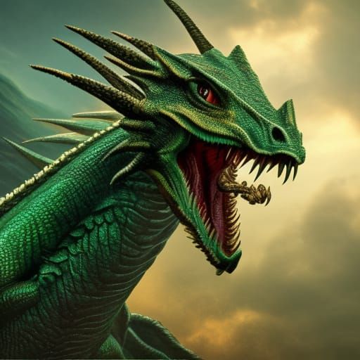 Detailed Green and Gold Fire-Breathing Dragon