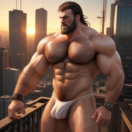 Shirtless Giant Strides Over Steampunk City at Sunset
