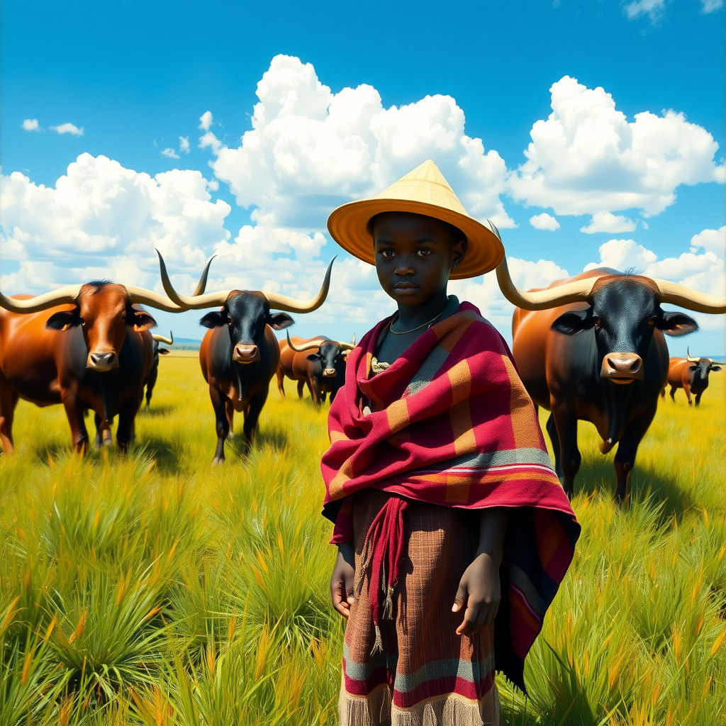 Young Boy Herding Cattle in Impressionist Style