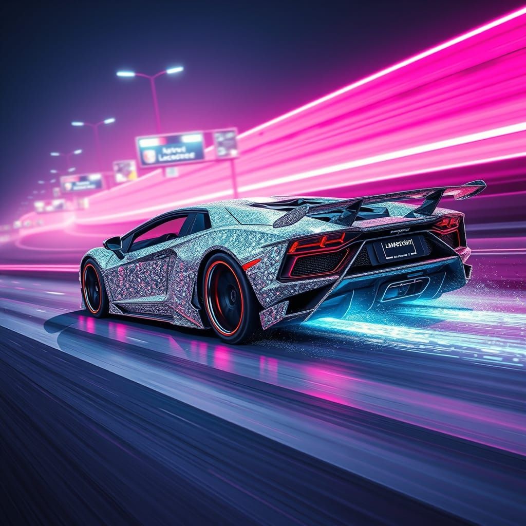 Cyberpunk Lamborghini Speeds Down a Neon Highway