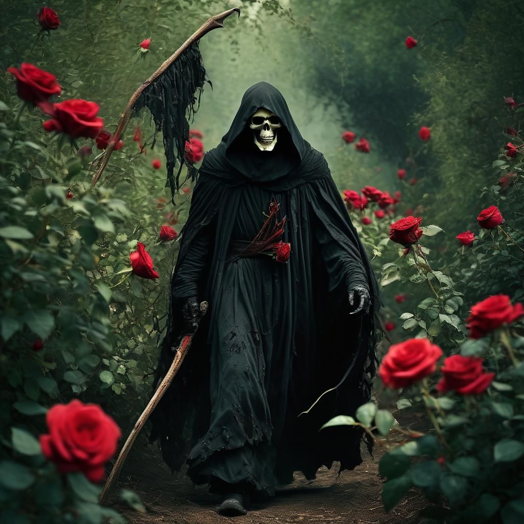 Grim Reaper in Overgrown Valley with Crimson Roses
