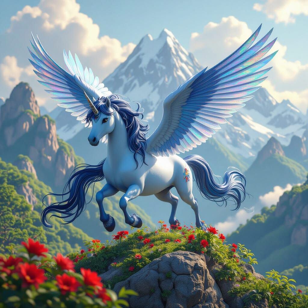Blue Pegasus Soaring Over Mountain in 3D Anime Style