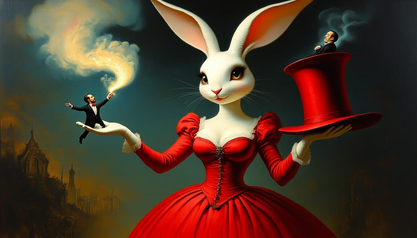 Rabbit Magician Pulls Man From Hat: Surrealist Painting