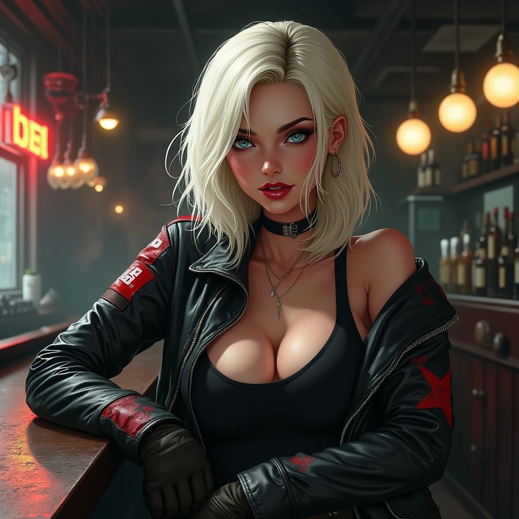 Rebellious Woman Sits at the Bar in a Dark, Moody Atmosphere