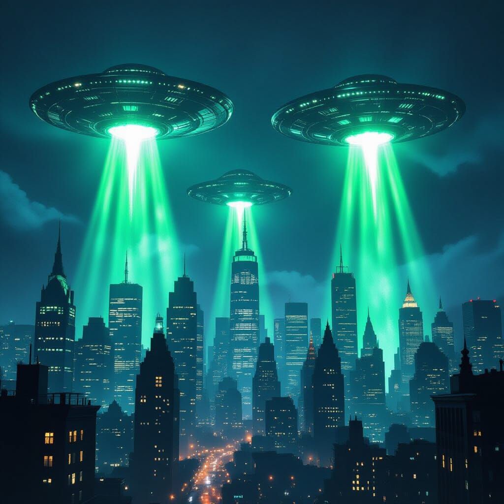 Alien Invasion Over City Skyline At Night
