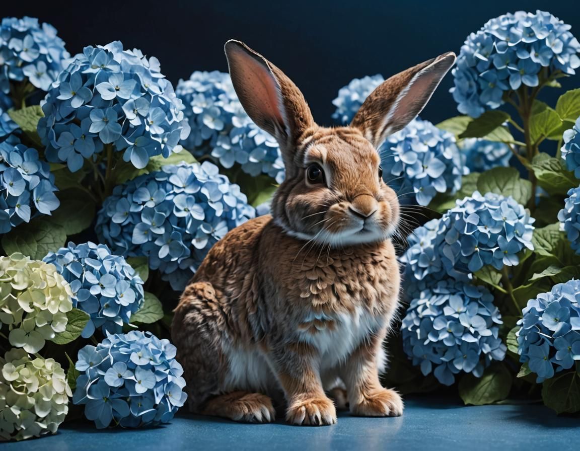 Rabbit in Blue Hydrangeas