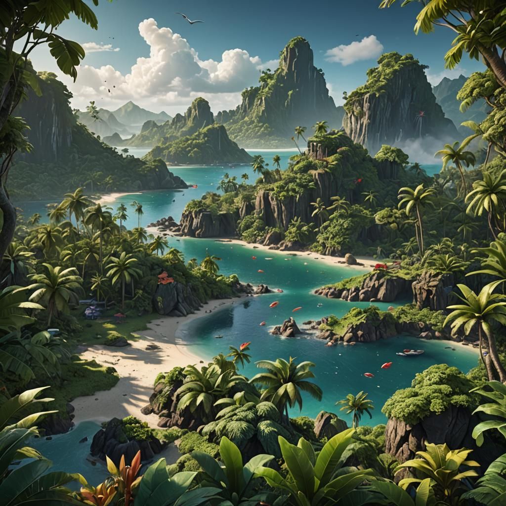 Lush Tropical Island Concept Art in Deep Color