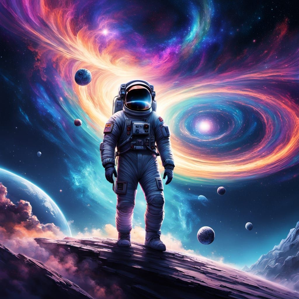 Man Surfing Nebula in Gothic Fantasy Art Style