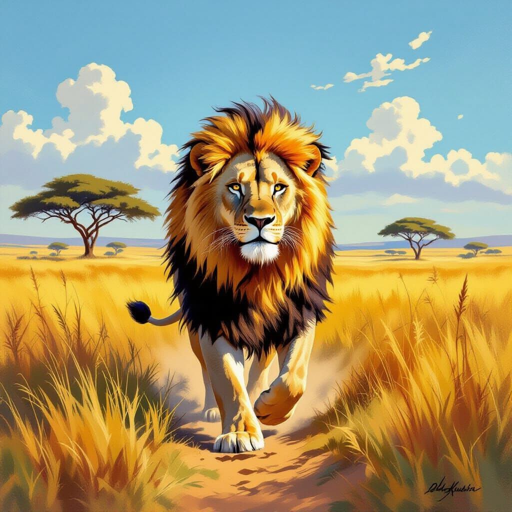 Lion Striding Through Savanna in Wildlife Painting Style