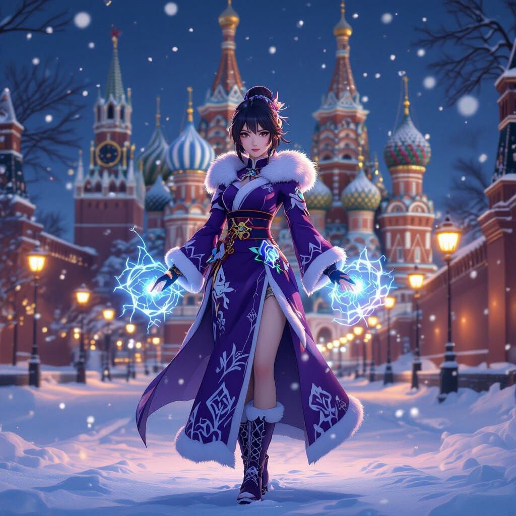 Keqing in Snowy Moscow with St. Basil's Cathedral
