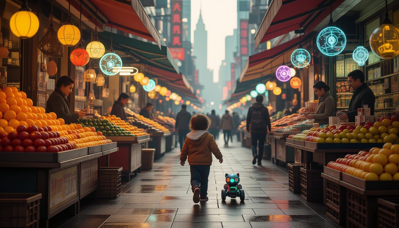 Retro-Futuristic City Marketplace with Glowing Fruits