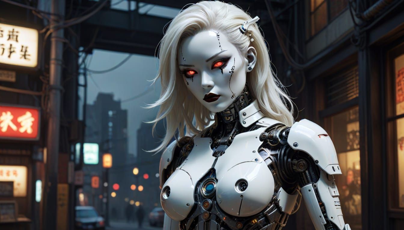 Japanese Gynoid Cyborg Poses in Cyberpunk Cityscape