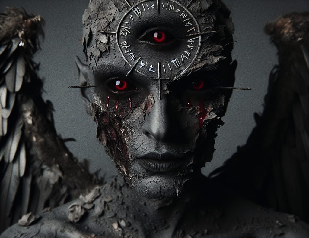 Detailed Portrait of a Three-Eyed Demon with Runes