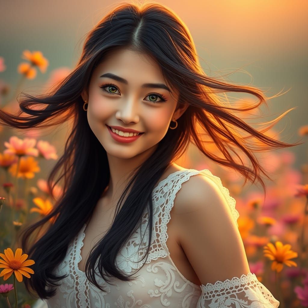 Cute Japanese Woman in Wildflowers at Dawn