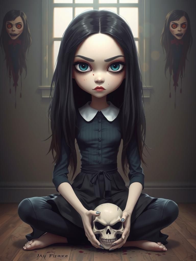 Eerie Cartoon Girl with Skull, Hyper-Realistic Art