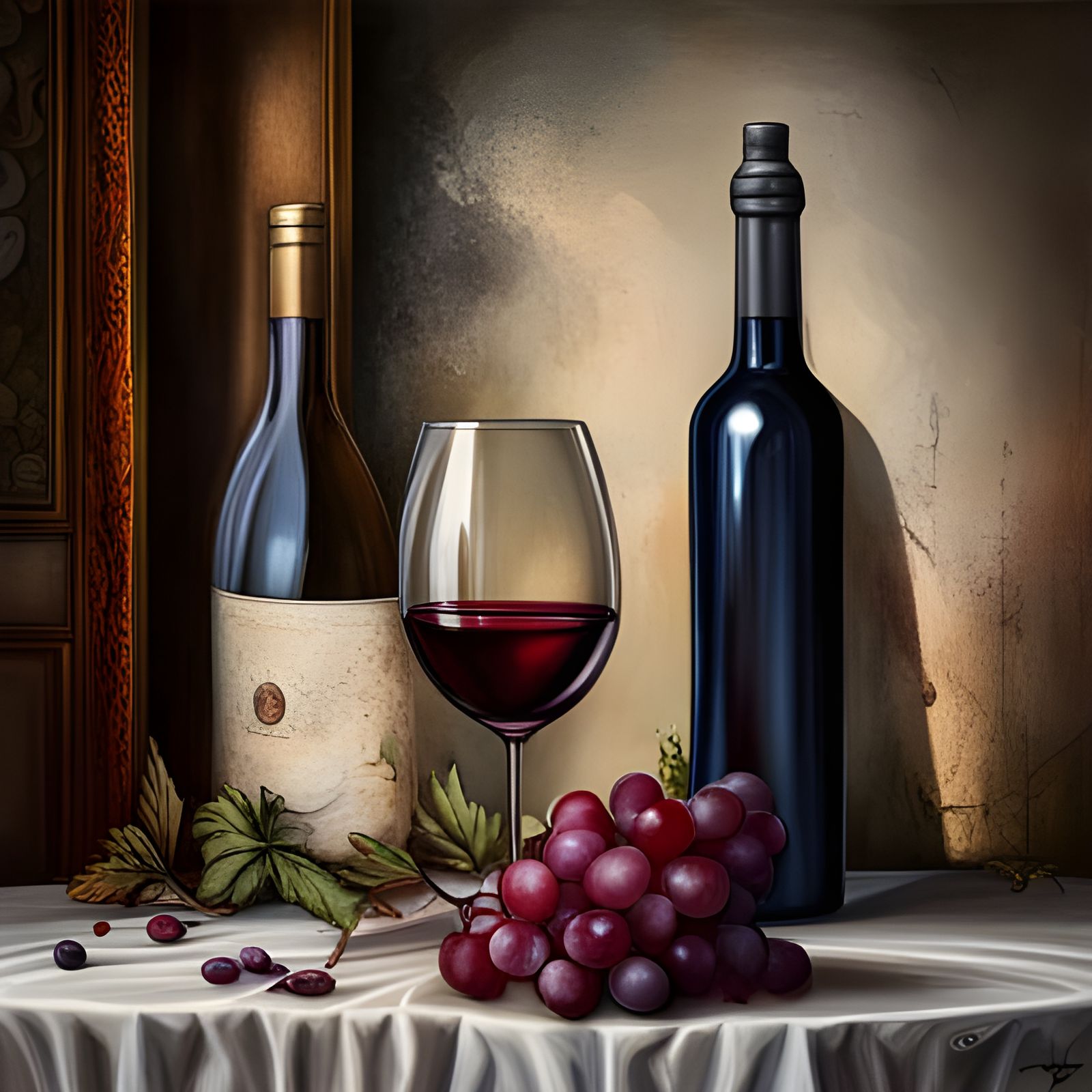 Still Life Painting with Wine and Grapes