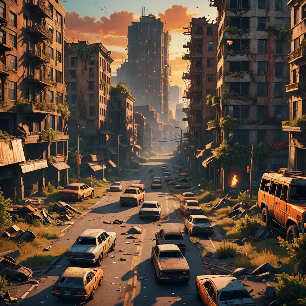 Post-Apocalyptic Cityscape with Zombies in 3D Style