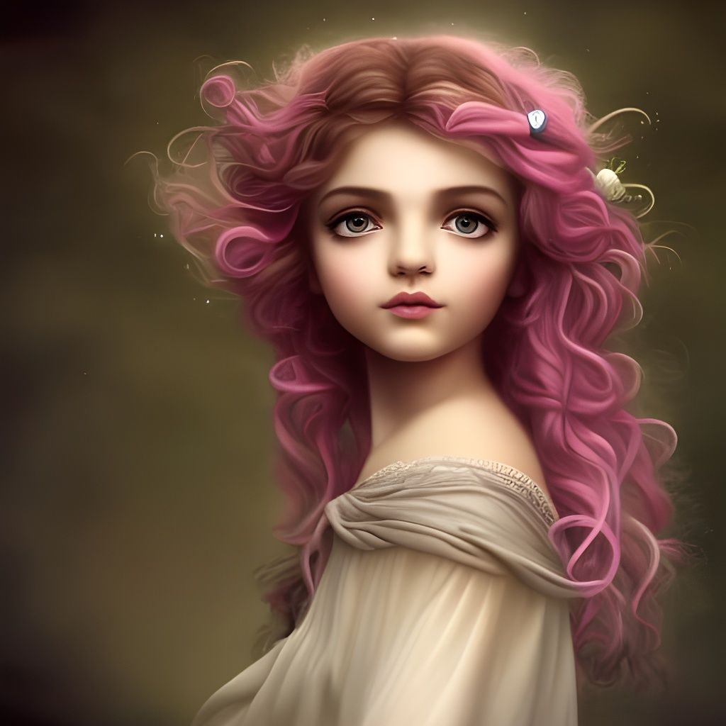 Adorable Kurdish Girl with Pink Hair, Art Nouveau