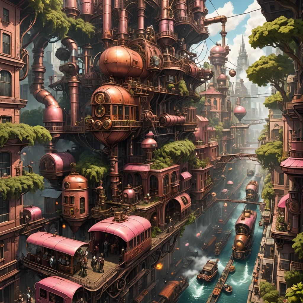 A bustling steampunk city sits on the edge of a sprawling ju...