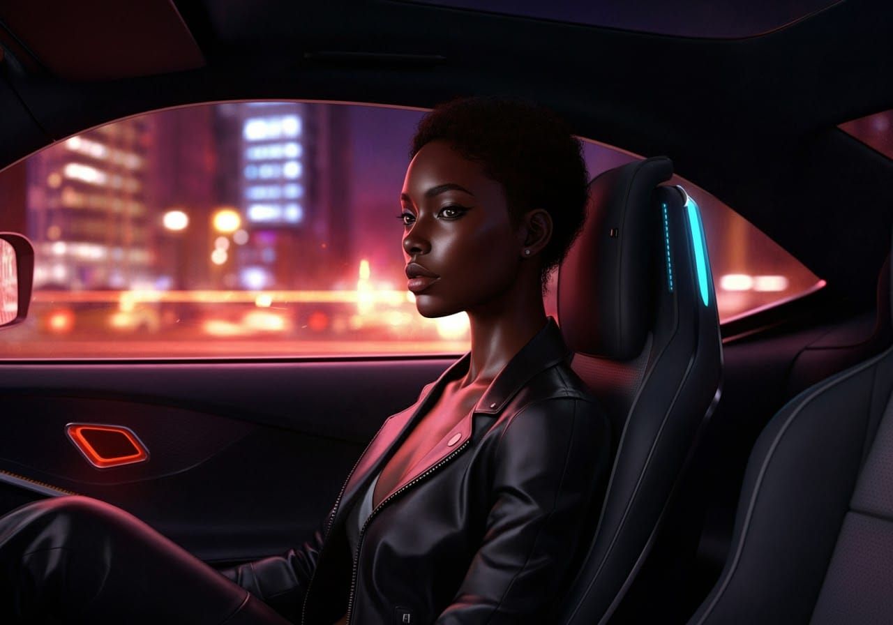 Stylish Woman in Futuristic Car at Night