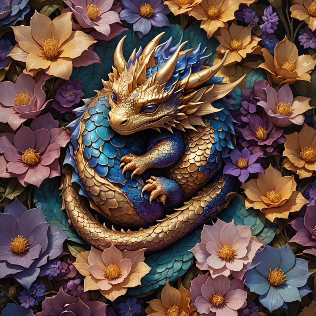 Baby Dragon Sleeping in Flower: Matte Painting