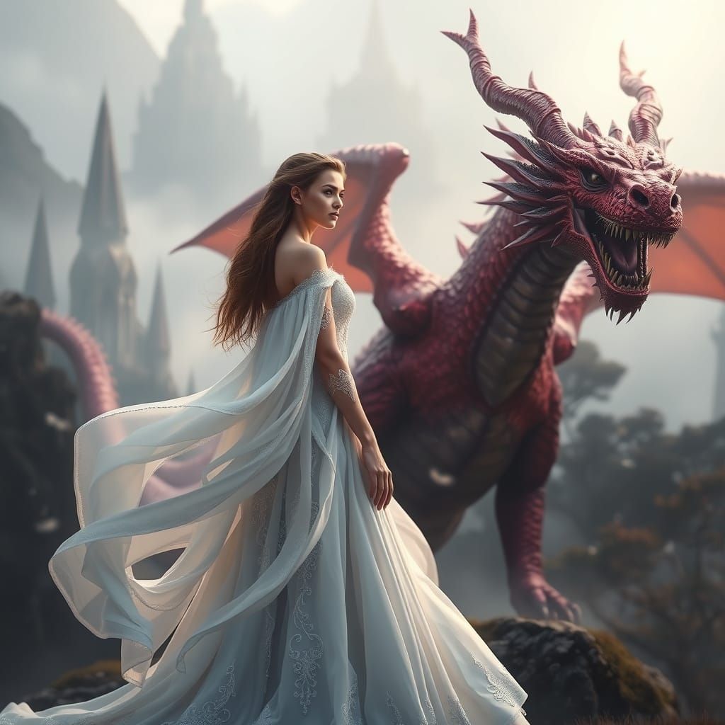 Girl and Majestic Red Dragon in Mystical Landscape