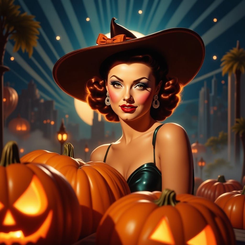 1950s Pin-Up Witch with Glowing Pumpkins