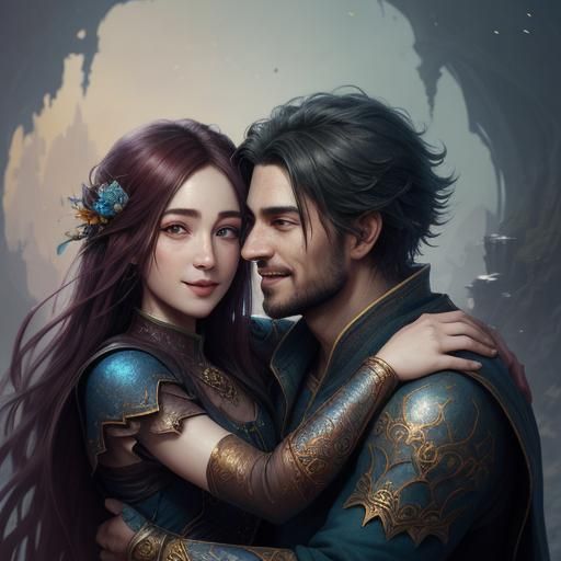 Happy Couple Embrace: Detailed Fantasy Art