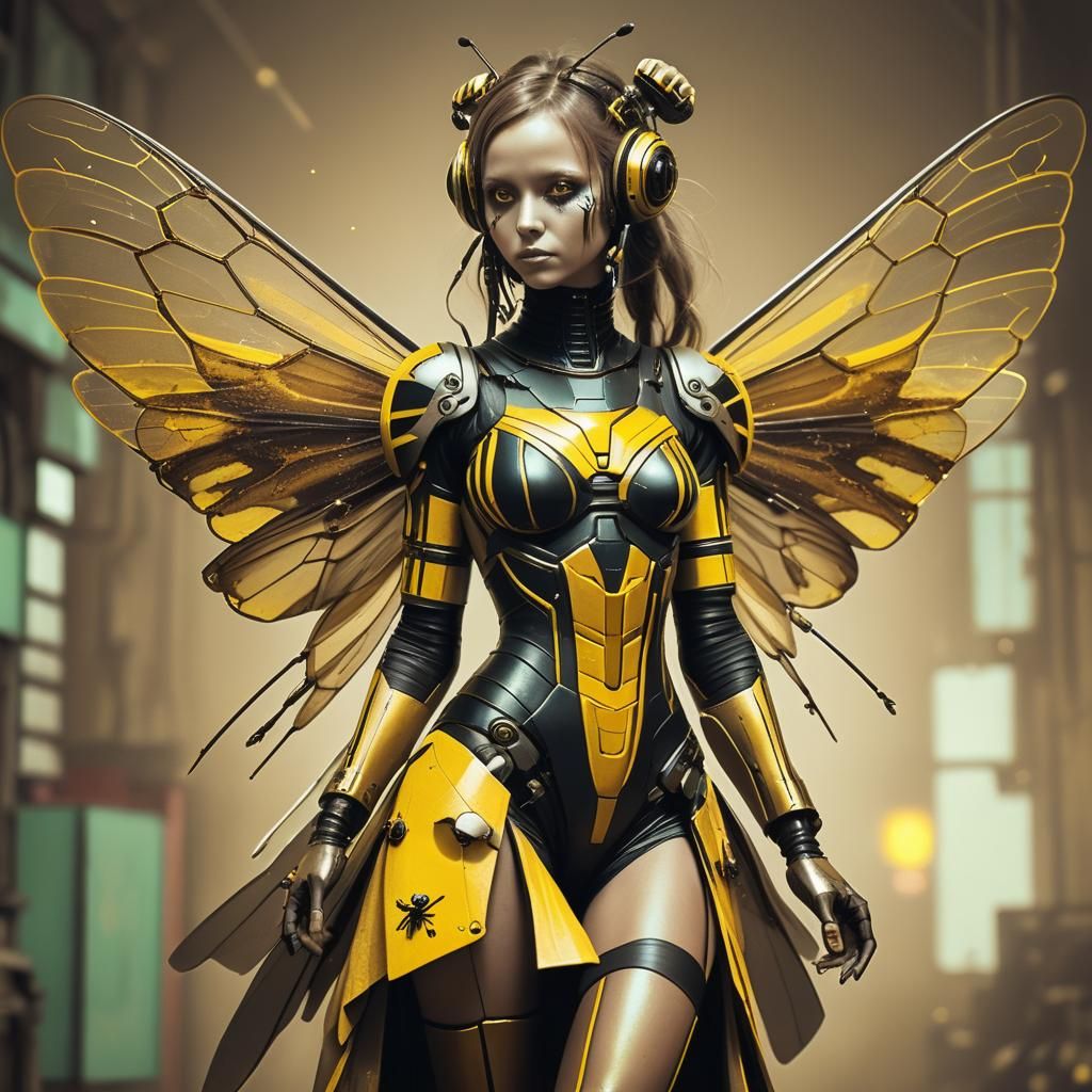 Cyberpunk Sepia Bee Woman with Wings