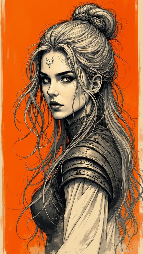 Mythpunk Heroine Portrait in Expressive Line Art