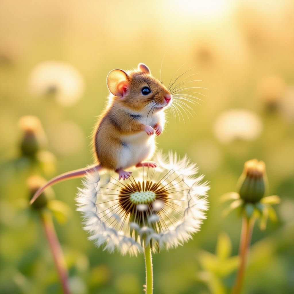Triumphant Mouse on Dandelion in Watercolor Style
