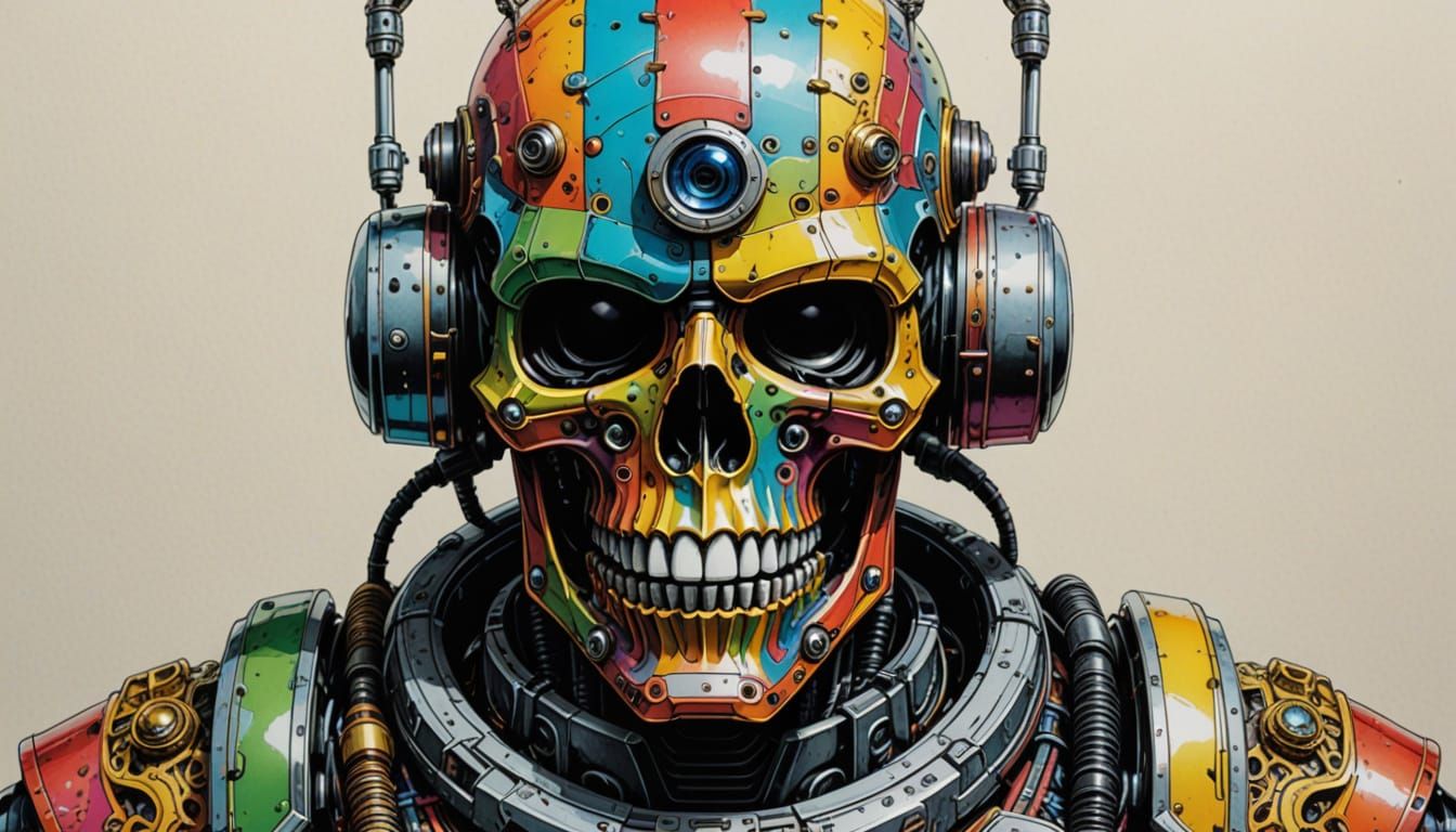 Cyberpunk Robot Skull in Vibrant Colors