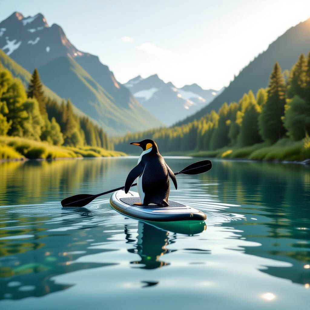 Penguin Paddleboarding in Golden Hour Sunlight