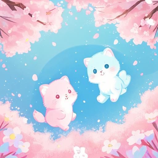 Pastel Kawaii Animals Playing in Pink Forest