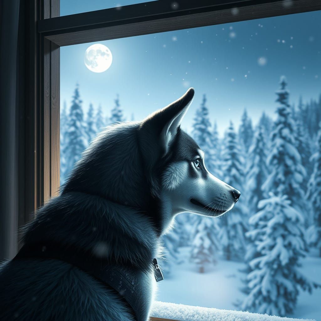 Surreal Husky Portrait Under a Snowy Moonlit Forest