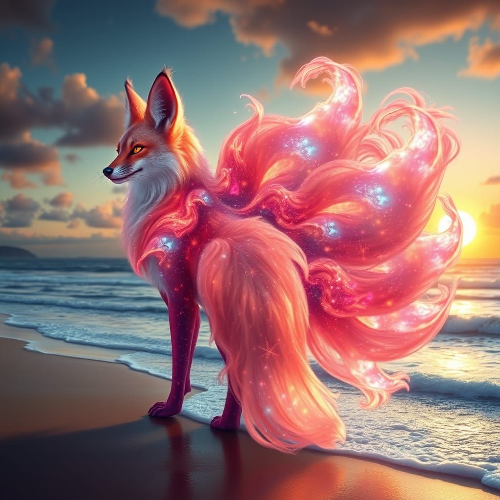 Nebula Kitsune Fox by the Ocean at Sunset