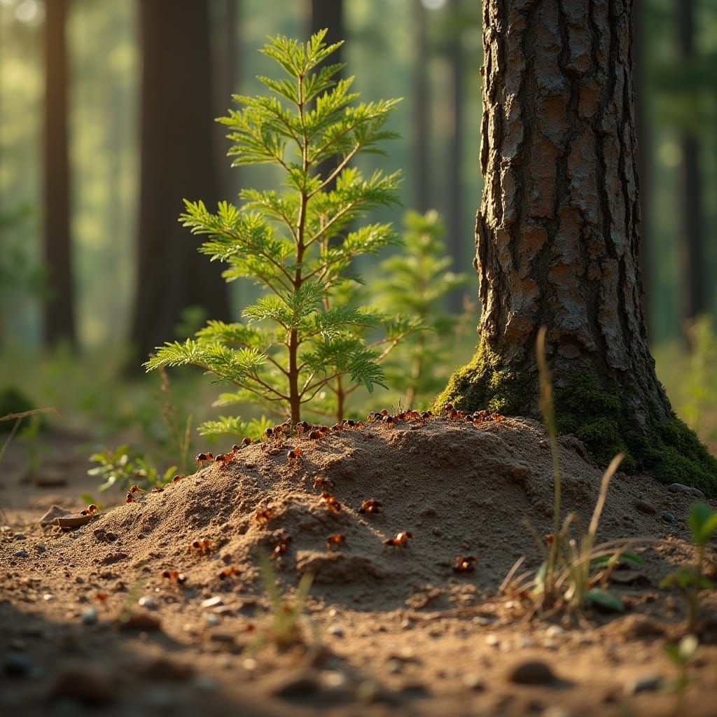 Earthly Ant Colony Beside Ancient Spruce Trunk in Forest Lan...