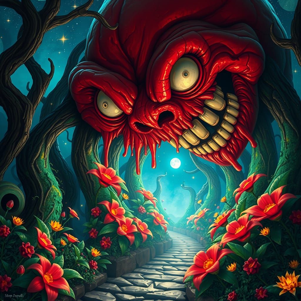 Eerie Clay Figure in Mystical Botanical Garden