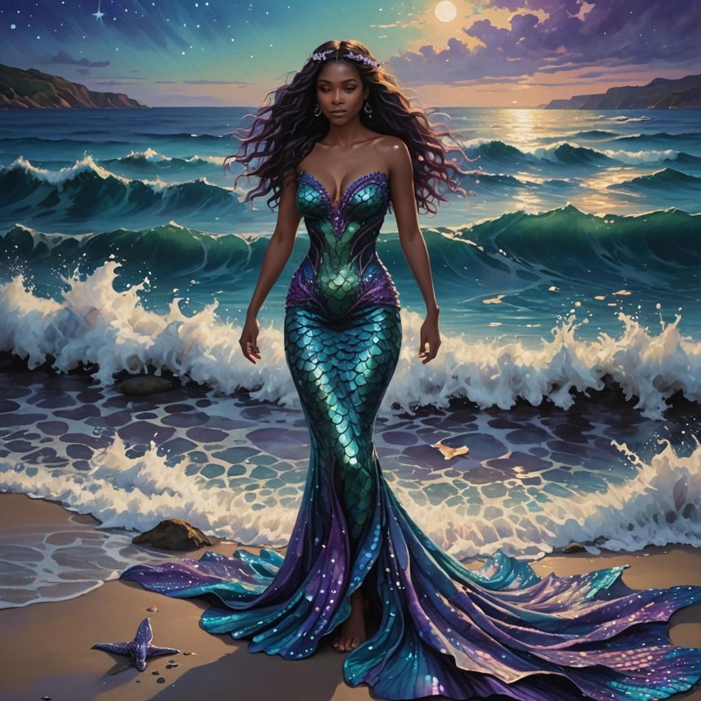 Mermaid Gown on Mystical Shore, Digital Art