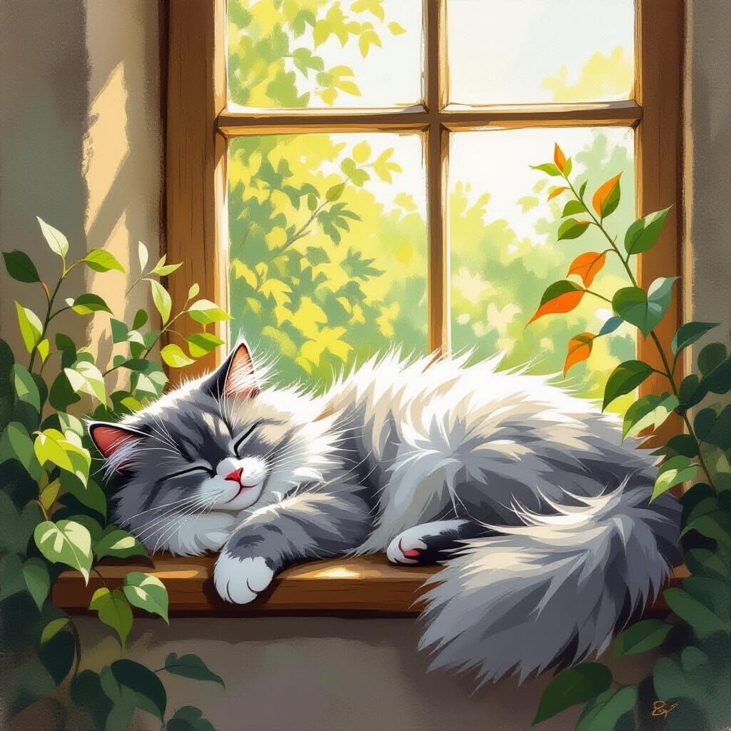 Cat Nap on Sunny Window Ledge, Whimsical Illustration