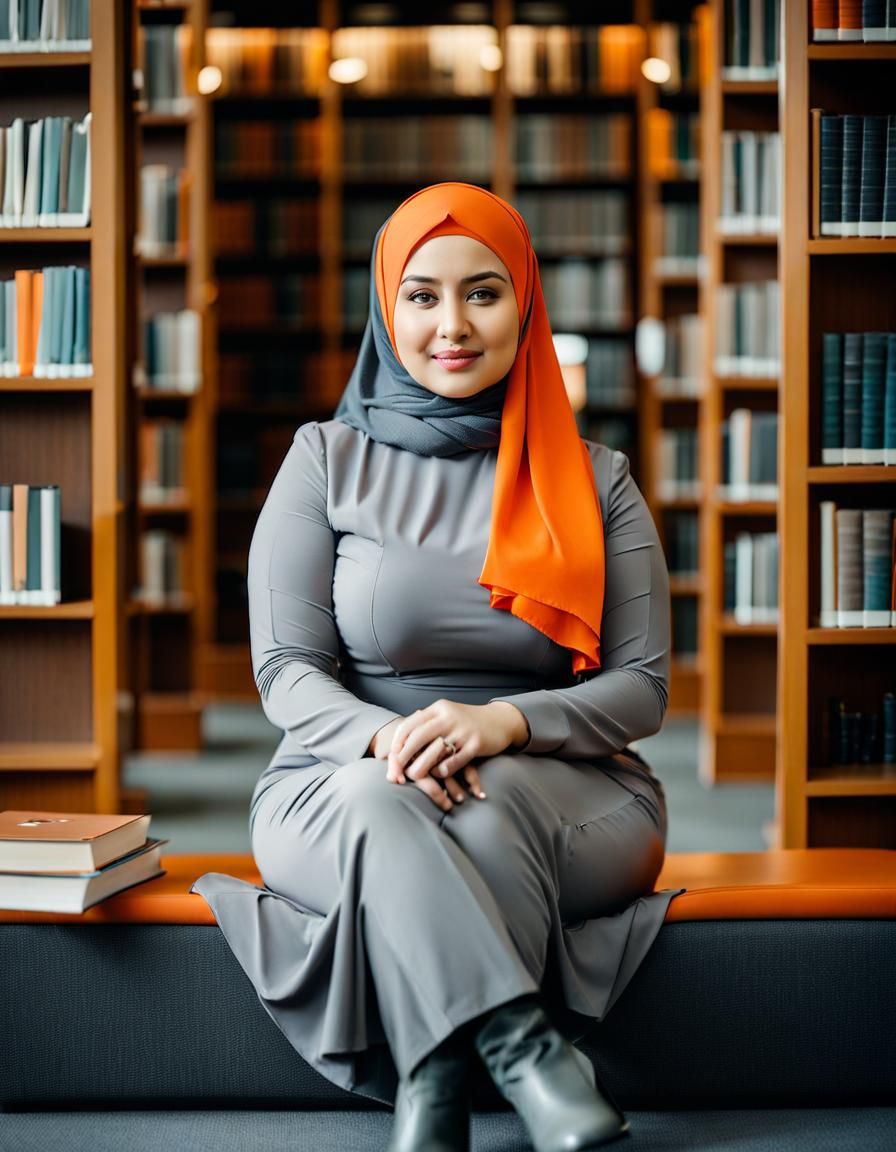 Charming Hijabi Woman in Library Portrait