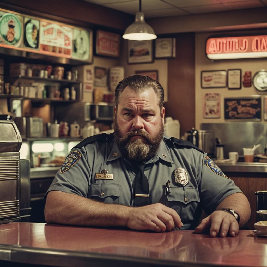 Hyperrealistic Policeman at Diner Counter