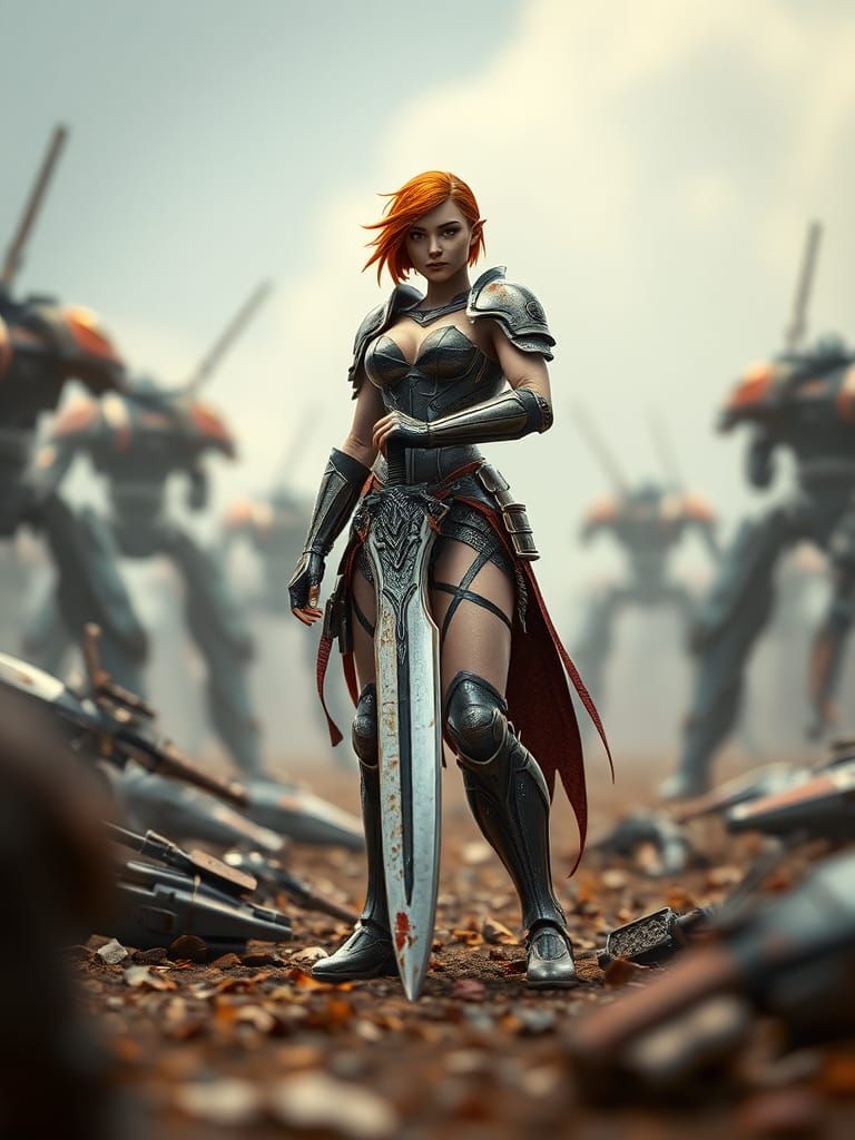 Victorious Redhead Warrior in Robot Battlefield Diorama