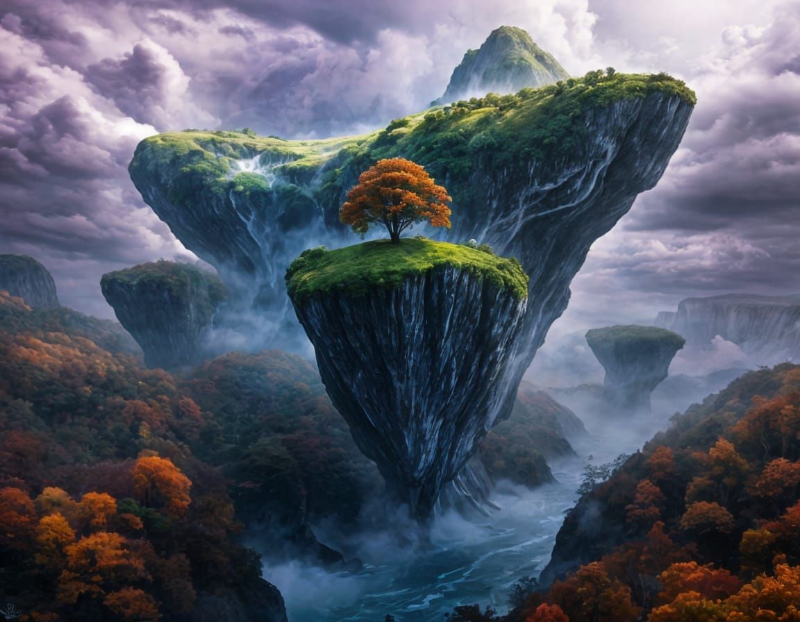 Surreal Floating Islands Above Autumn Forest