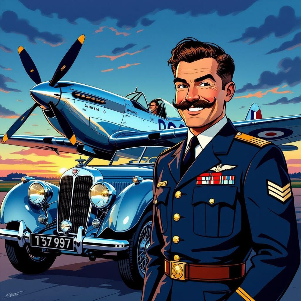 Heroic RAF Pilot Beside Classic Car, Comic Art