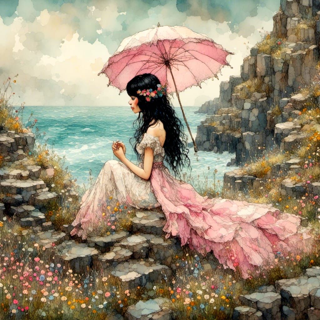 Vintage Illustration of a Woman Overlooking the Sea