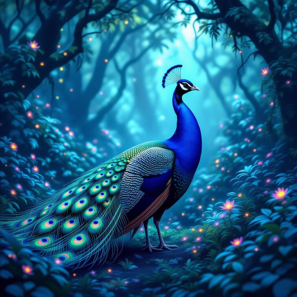 Majestic Peacock in Bioluminescent Forest Clearing