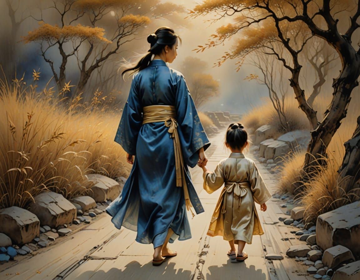 Mother and Daughter Walking, Chinese Painting Style